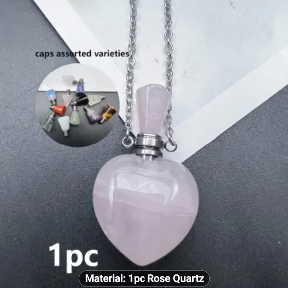 🩷🩷NEW🩷🩷 BEAUTIFUL!! Rose Quartz Heart Shape Perfume Bottle Necklace - Picture 1 of 12